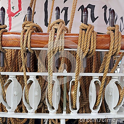 The three masted Palinuro, a historic Italian Navy training barquentine, moored in the Gaeta port. Editorial Stock Photo